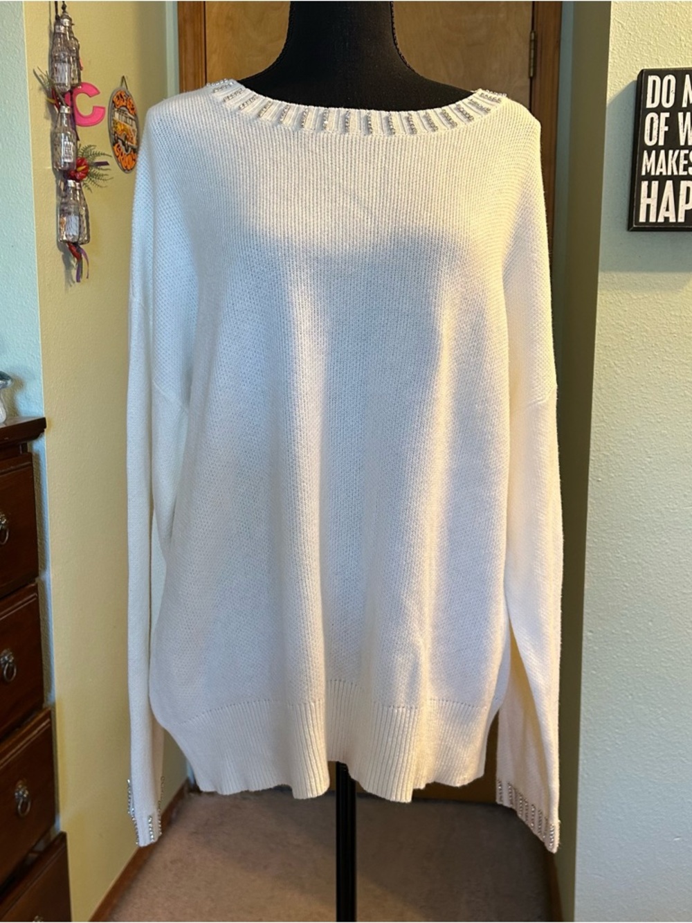 Express white long sleeve sweater with rhinestone accents size L business casual